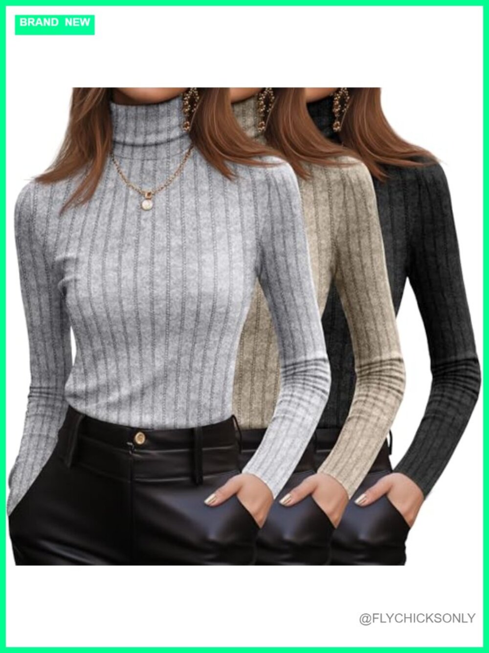 3 Pack Women's Turtleneck Long Sleeve Ribbed Knit Pullover Sweater Set
